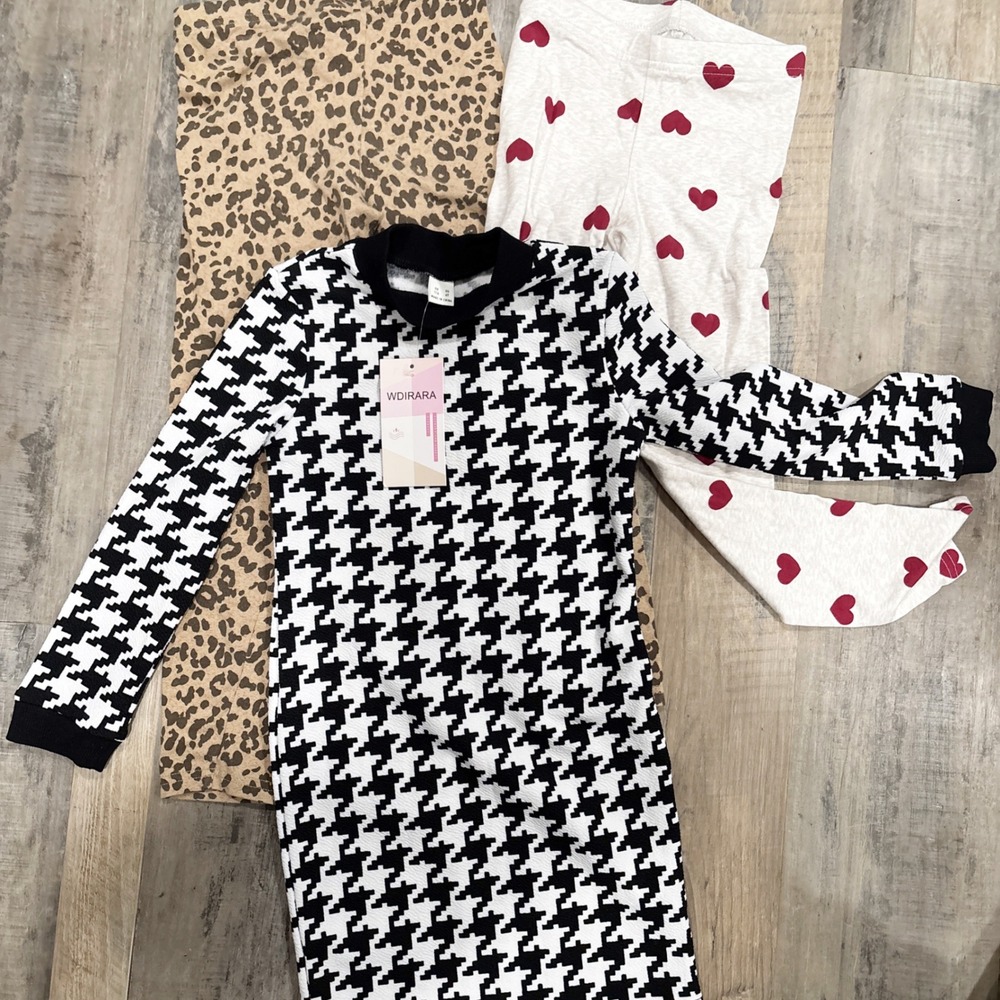 Kids Bundle Houndstooth Long Sleeve Dress‎ And Two Leggings Set 6Y